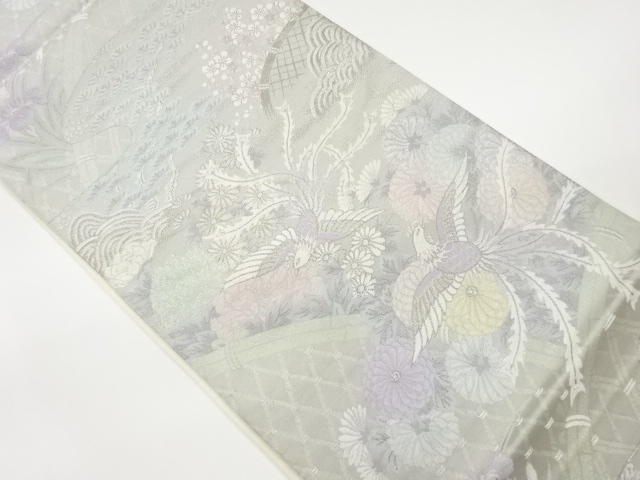 JAPANESE FUKURO OBI / PLATINUM FOIL / WOVEN FLORAL PLANTS